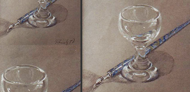 Glas und Feder , Buntstift